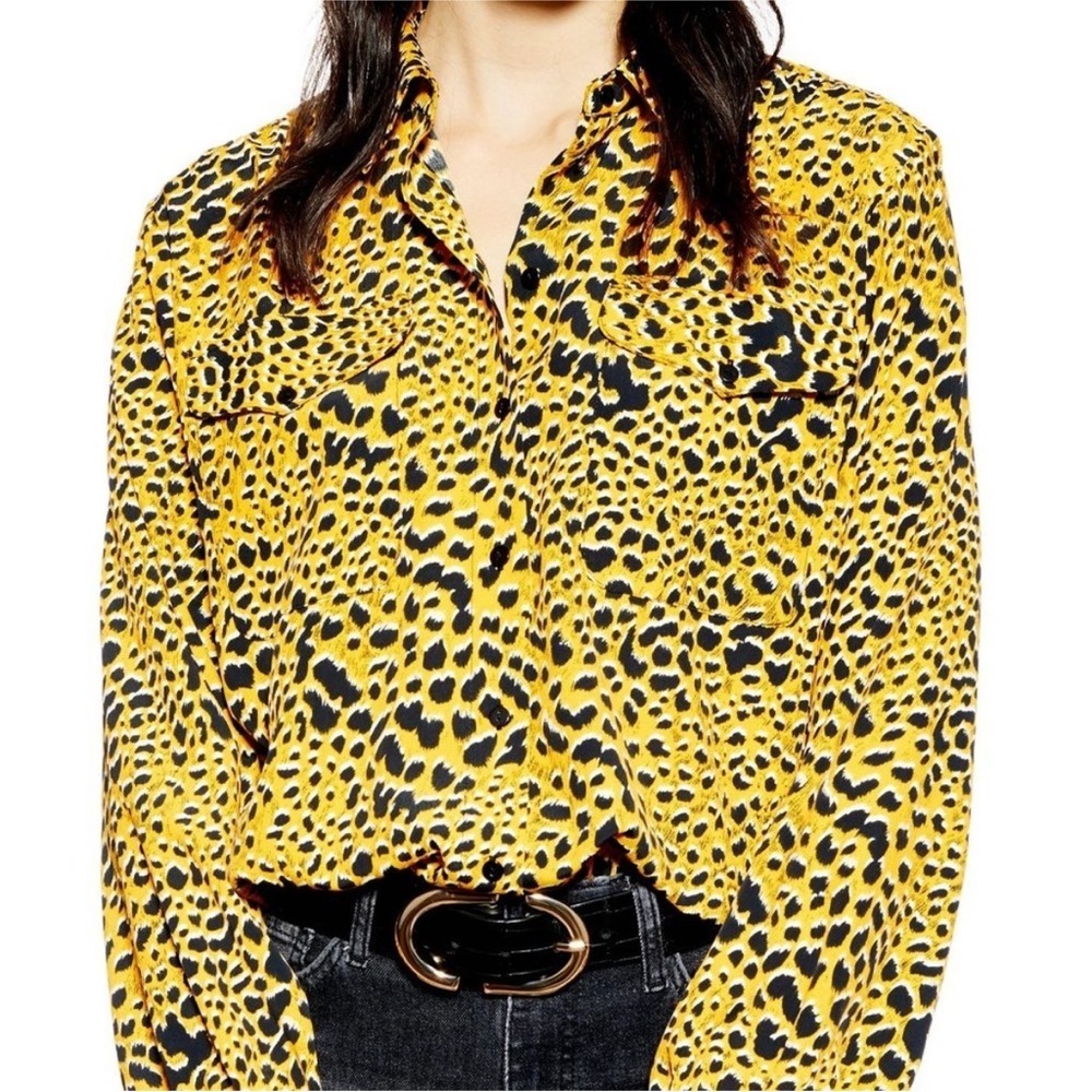 TopShop animal Print leopard Yellow black Women's button up blouse top pockets